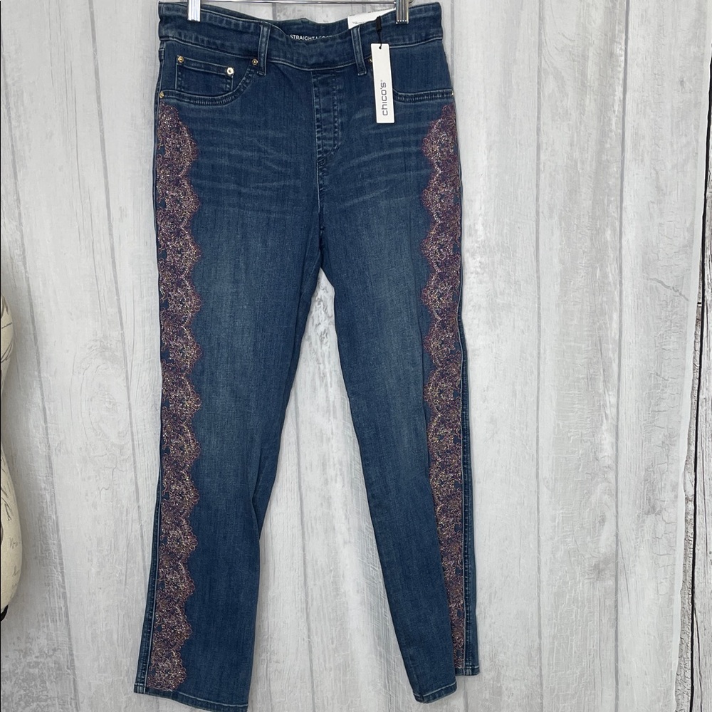 Chico's lace trim Jeans with Decorative Side Scallop Trim NWT
